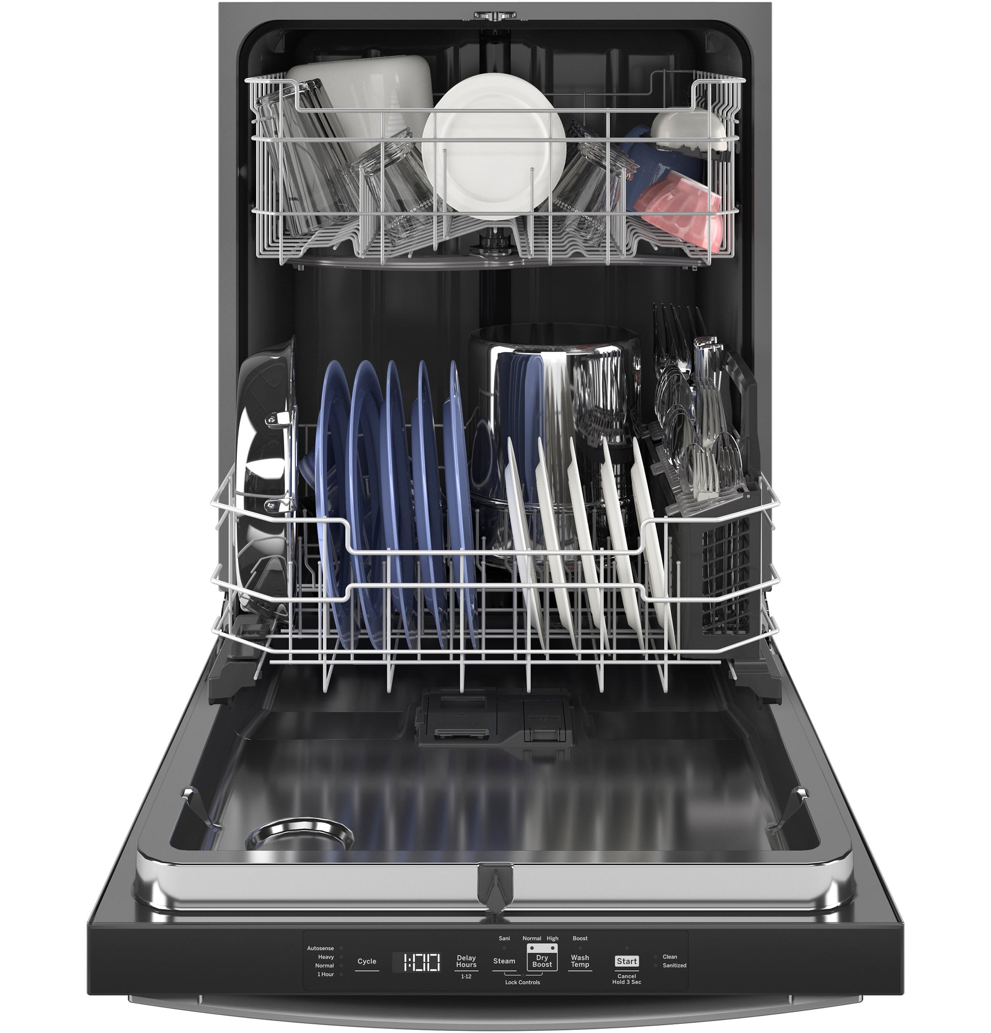 Open top control built-in dishwasher with hybrid tub and organized racks holding plates and utensils from dishwashers collection