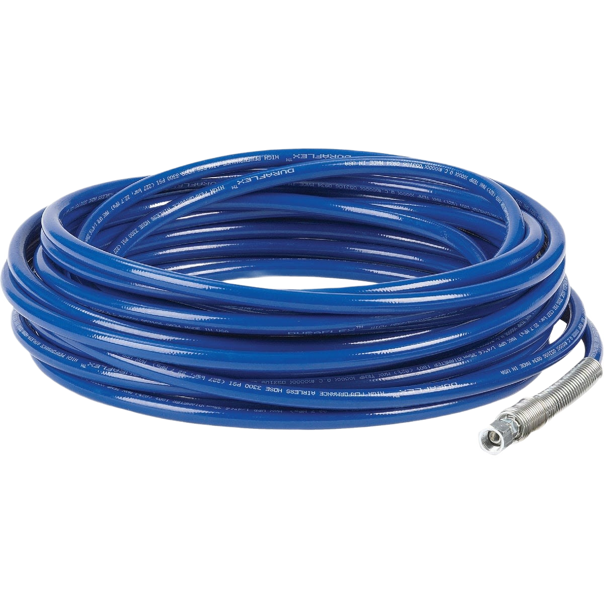 Coiled blue high-pressure hose with metal fittings designed for home improvement and tool applications