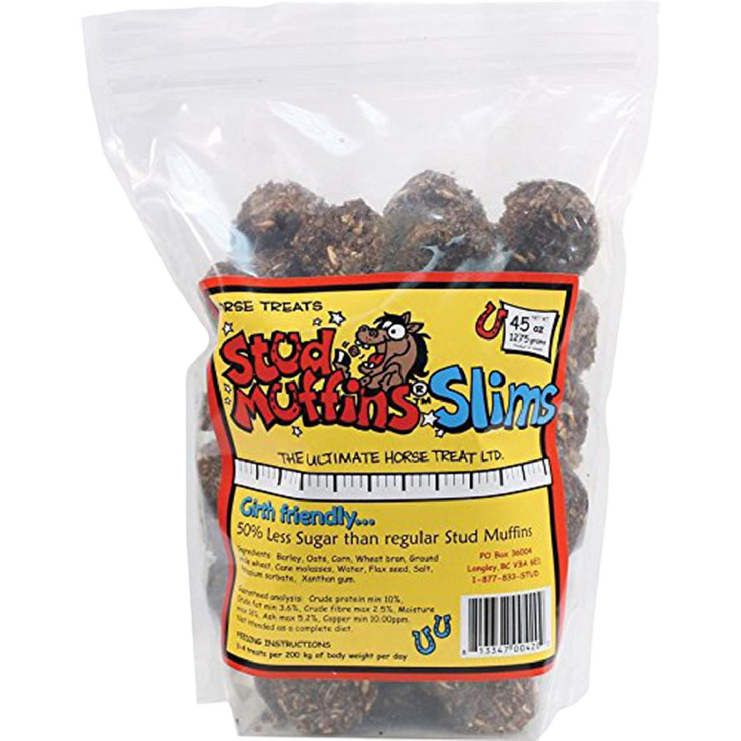 Clear resealable bag of Stud Muffins Slims horse treats with girth-friendly formula in livestock treats collection