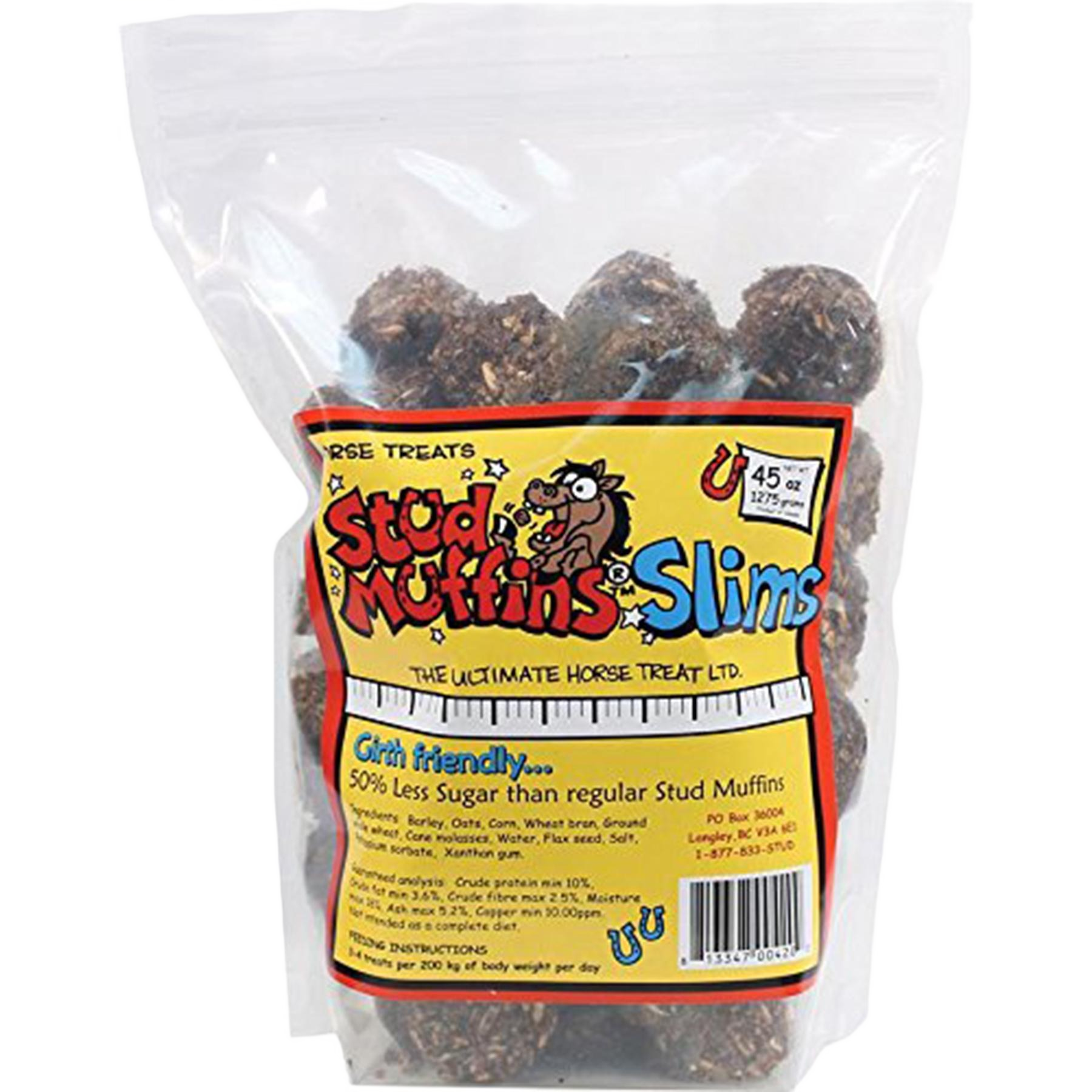 Clear resealable bag of Stud Muffins Slims horse treats with girth-friendly formula in livestock treats collection