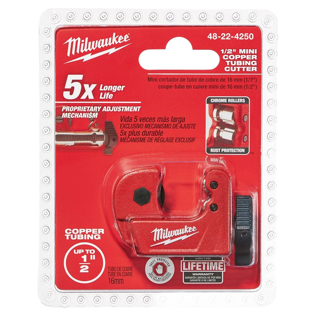 Red Milwaukee mini copper tubing cutter with chrome rollers and lifetime warranty for home improvement tools.