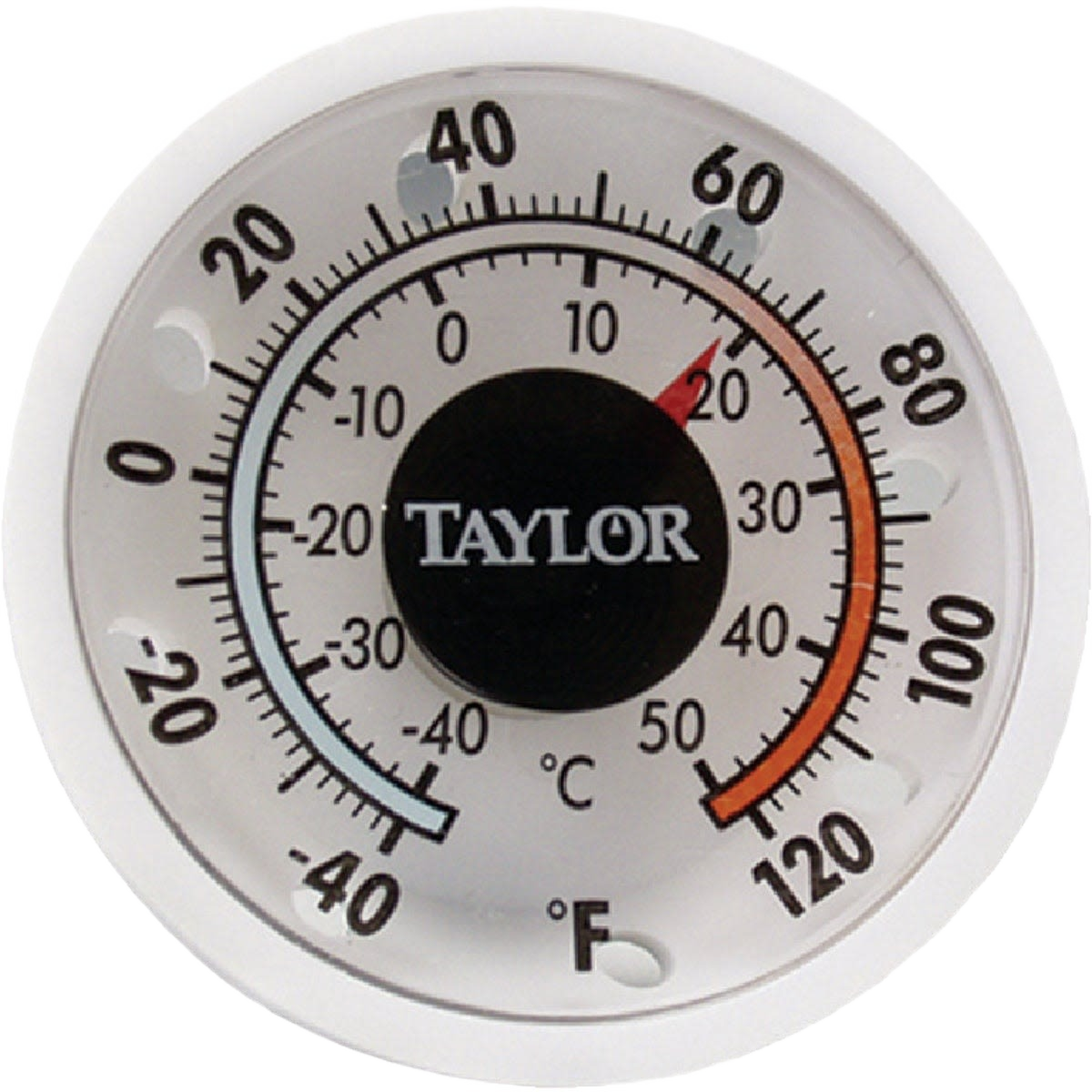 Compact dial thermometer for indoor and outdoor use showing temperature range in Fahrenheit and Celsius under $50