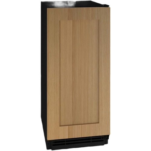 Under-counter beverage center with reversible hinge and wood-look door for kitchen and appliance use
