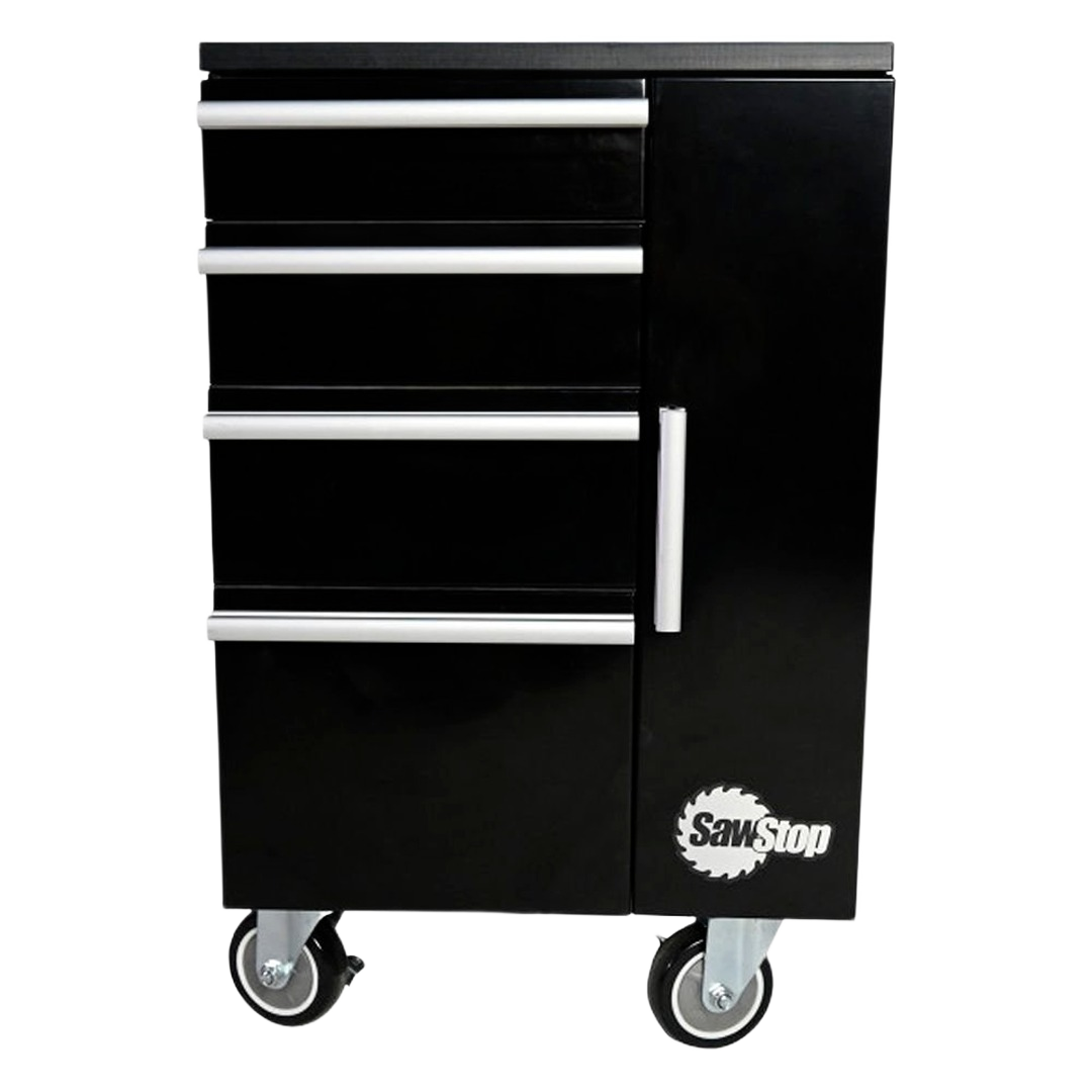 Black mobile tool cabinet with four drawers and a side door for woodworking tools and workshop organization