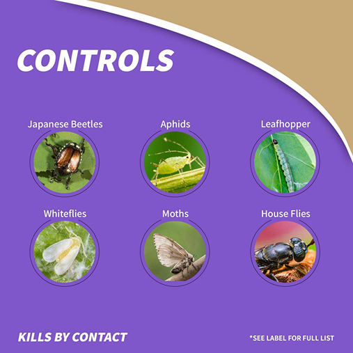 Graphic showing insects controlled including Japanese beetles, aphids, leafhoppers, whiteflies, moths, and house flies for pest control collections