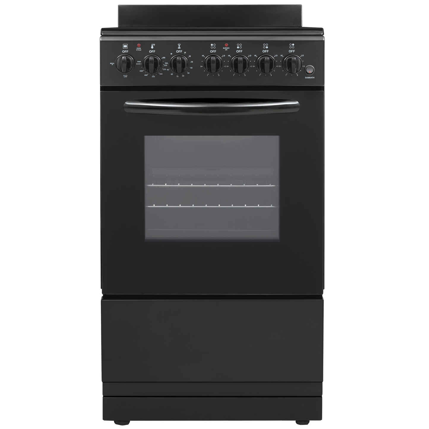 Compact black electric range with oven window, control knobs, and lower storage drawer for kitchen appliances.