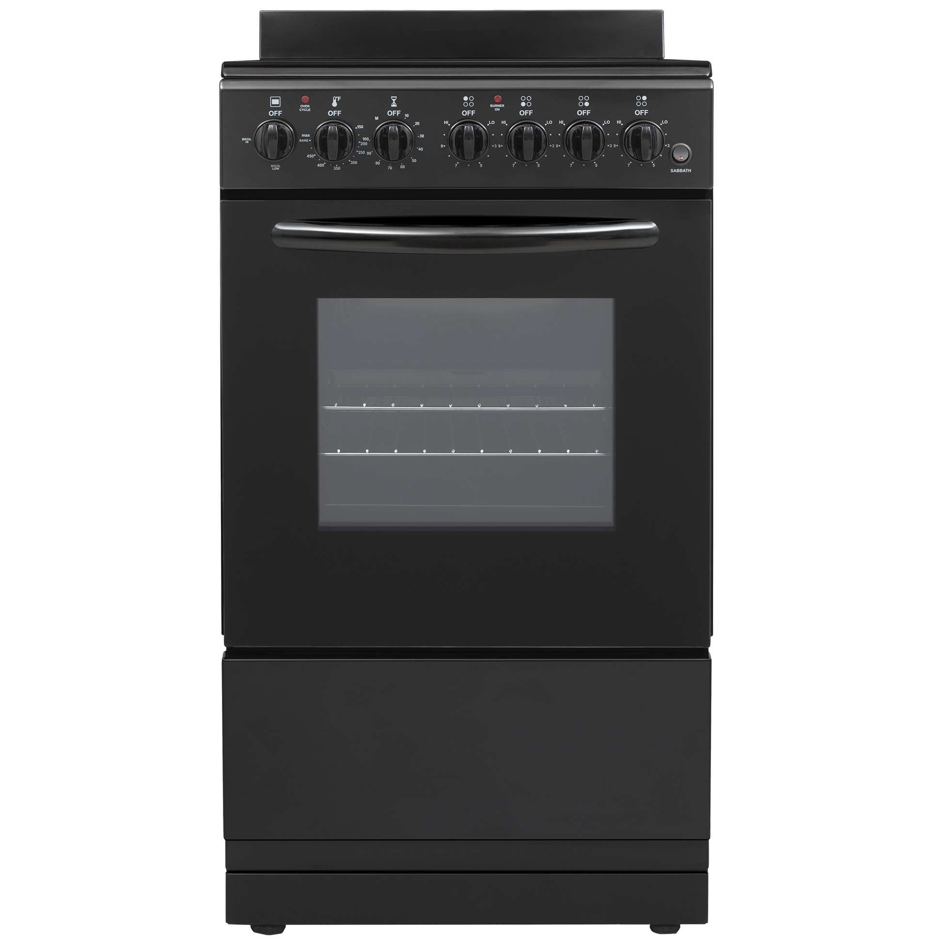 Compact black electric range with oven window, control knobs, and lower storage drawer for kitchen appliances.