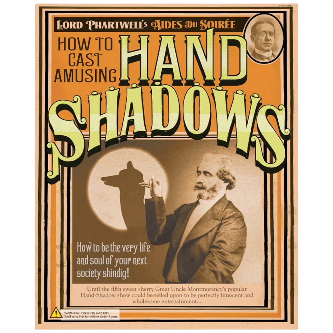 Vintage style card with man creating a dog hand shadow and decorative text about entertaining hand shadows