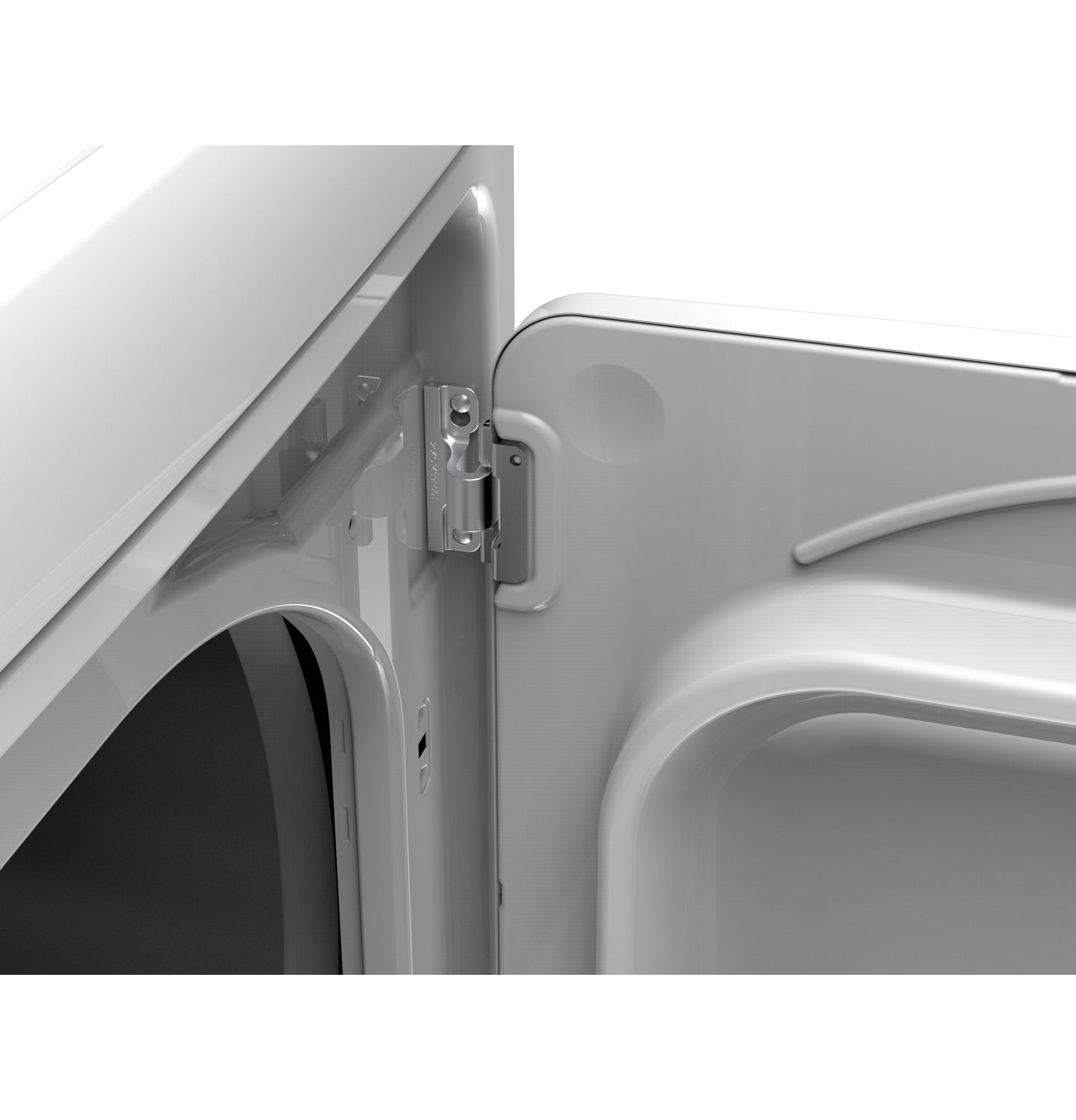 Close-up view of open door hinge on white gas dryer in appliances and washers & dryers collections