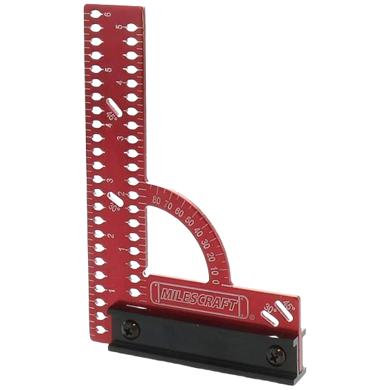 Red metal multi-angle measuring square with adjustable protractor for woodworking and hand tools use
