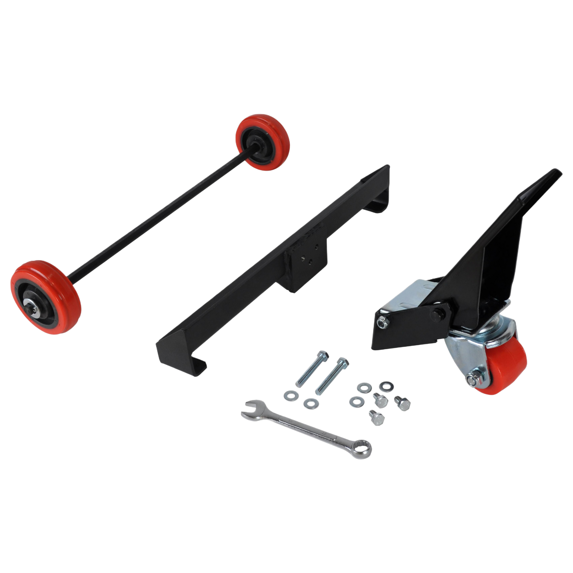 Mobility kit with red polyurethane wheels, mounting bracket, and hardware for enhancing workshop tool movement and organization