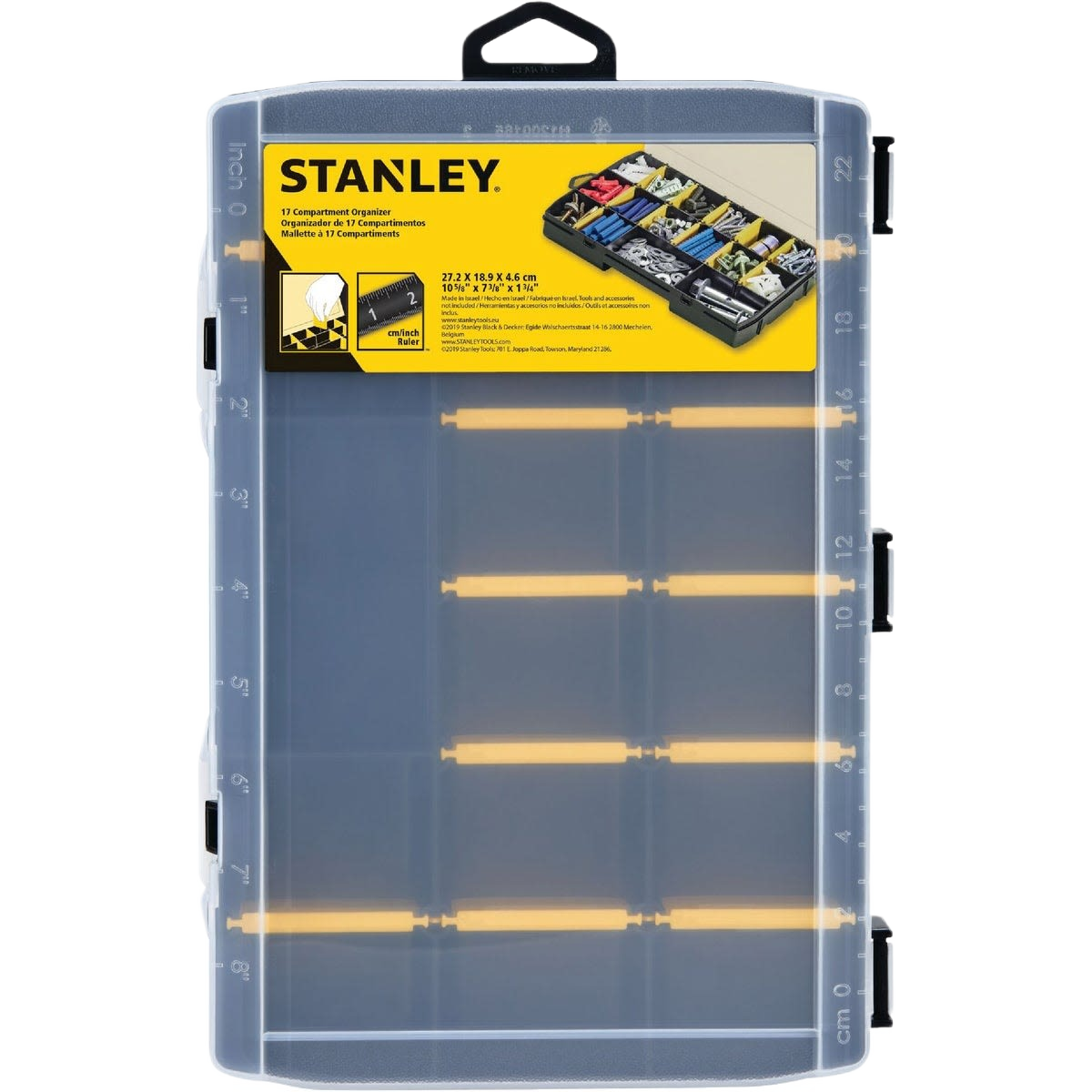 Clear plastic organizer box with adjustable yellow compartments for tool storage and workshop organization under $50