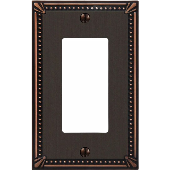 Aged bronze metal decorator wall plate with bead cast detailing for home improvement and electrical upgrades