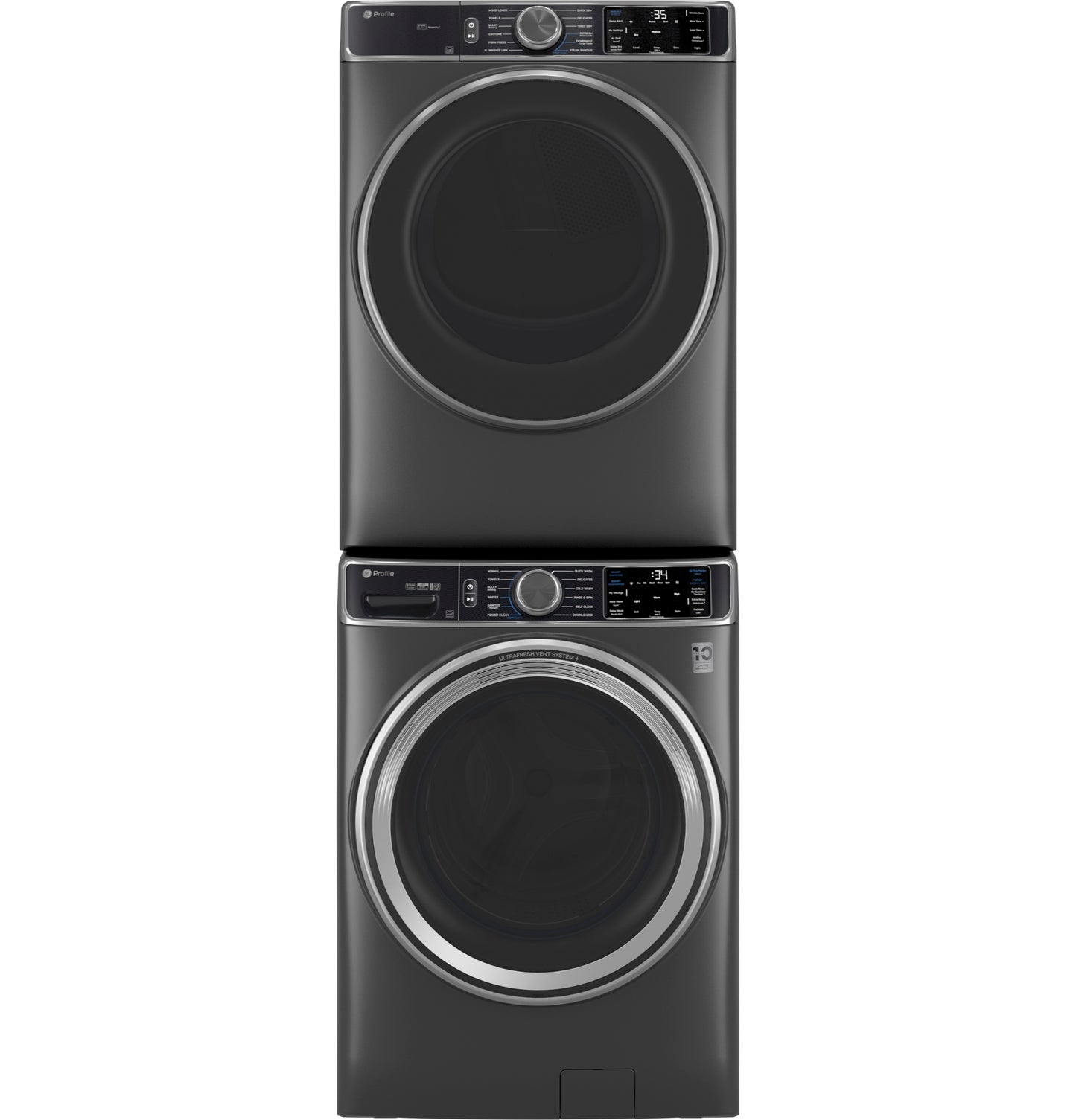 Stacked dark gray smart front load washer and dryer with digital controls from washers and dryers appliances collection