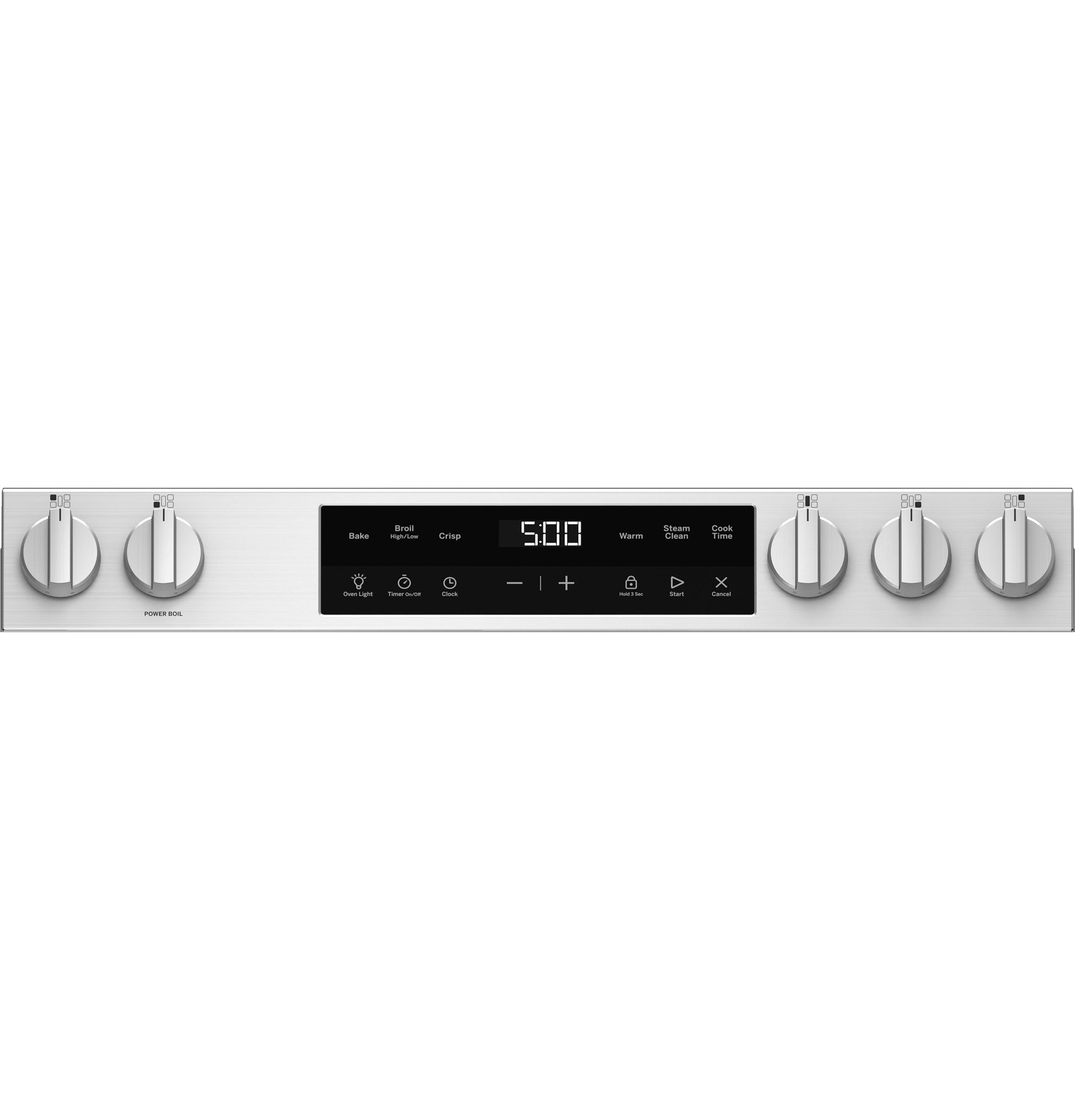 Stainless steel control panel with knobs and digital display for temperature and cooking modes on gas range