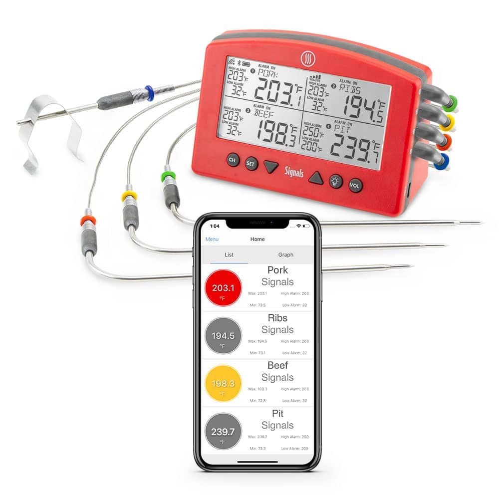 Red alarm thermometer with four color-coded probes and smartphone app for grilling and outdoor cooking tools collection