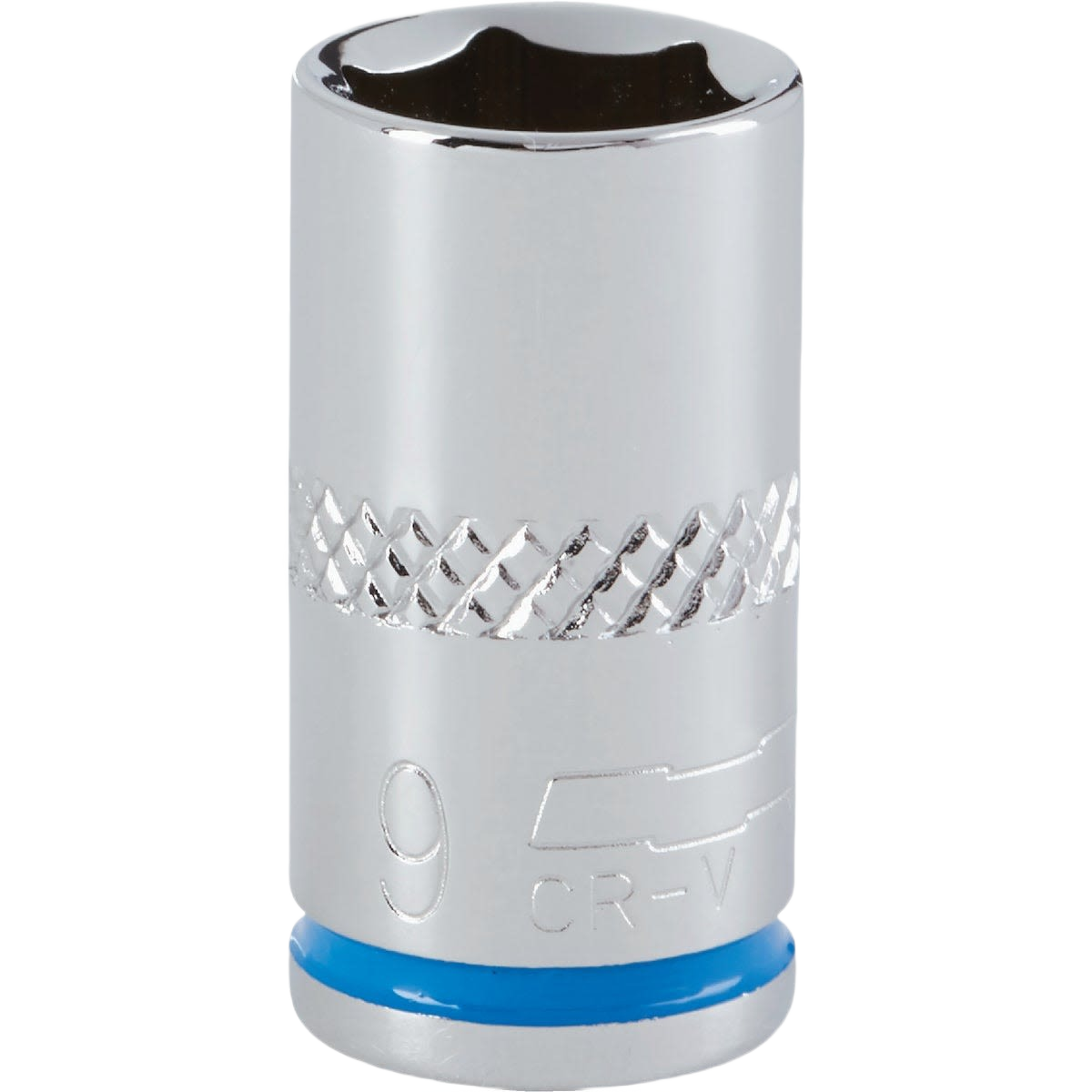 9mm chrome vanadium shallow socket with textured grip band for improved handling in hand tool and woodworking tasks