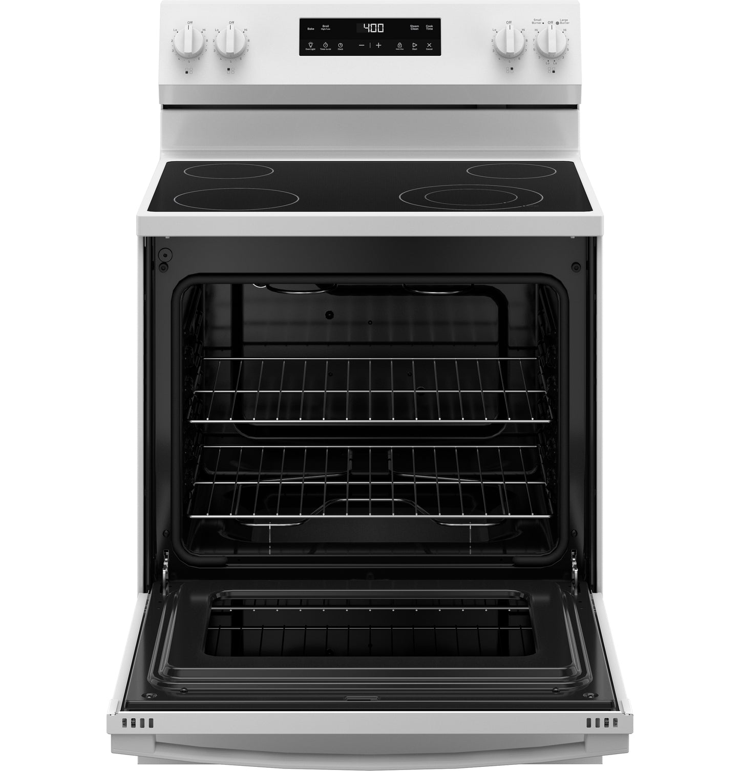 White 30-inch free-standing electric range with smooth glass cooktop, oven door open, and digital display for kitchen appliances collection