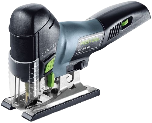 Cordless barrel grip jigsaw in teal and black with green accents for power tools and home improvement projects