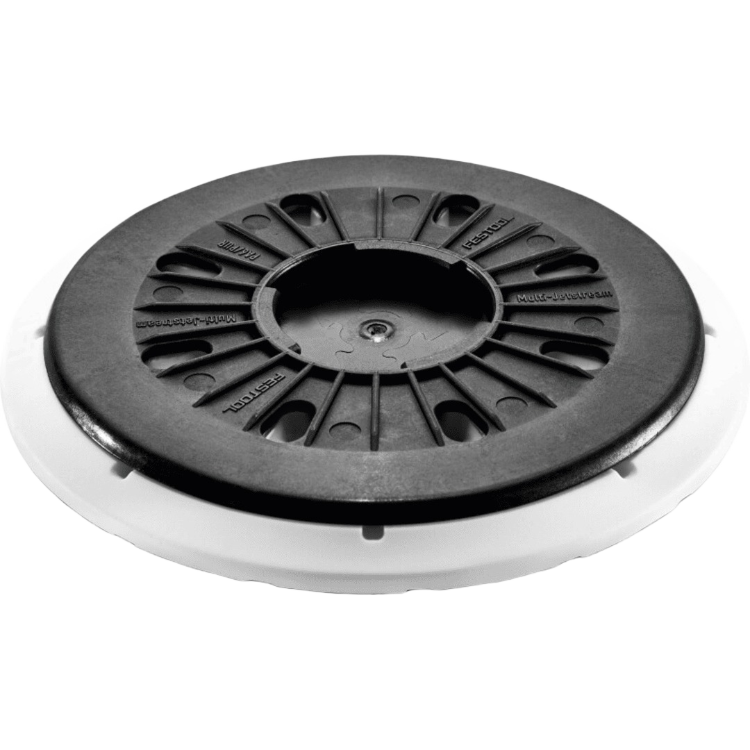 Round black and white Fusion-Tec sander backing pad designed for power tool attachment in home improvement tasks