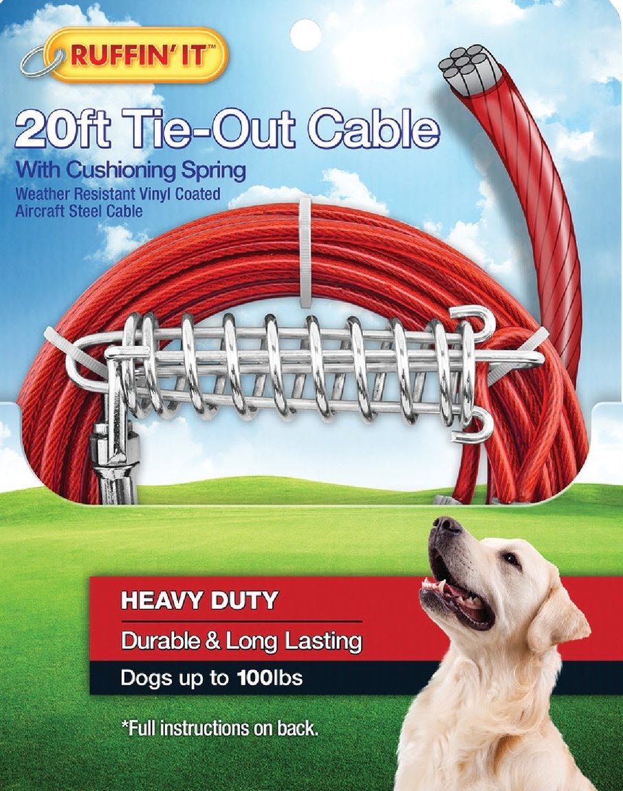 Red weather-resistant vinyl coated steel tie-out cable with cushioning spring for securing pets up to 100 pounds