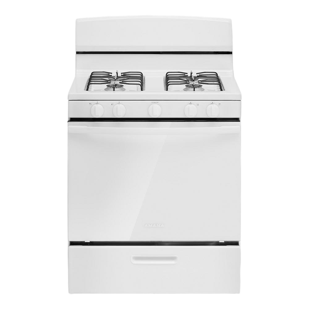white freestanding gas range with four burners and easy-clean glass door for kitchen and home improvement