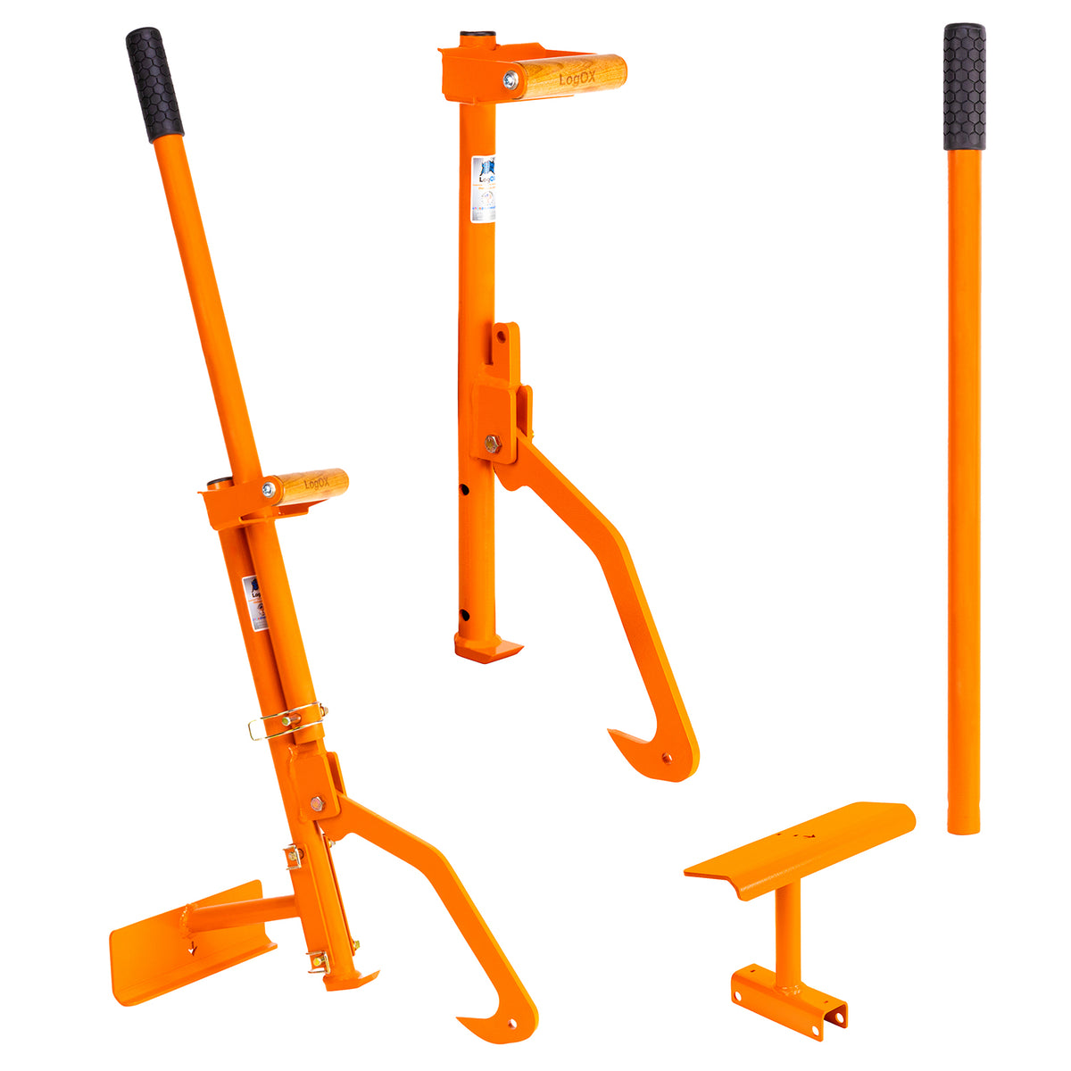 Orange steel forestry tool components with rubber grip handles for versatile outdoor wood processing tasks