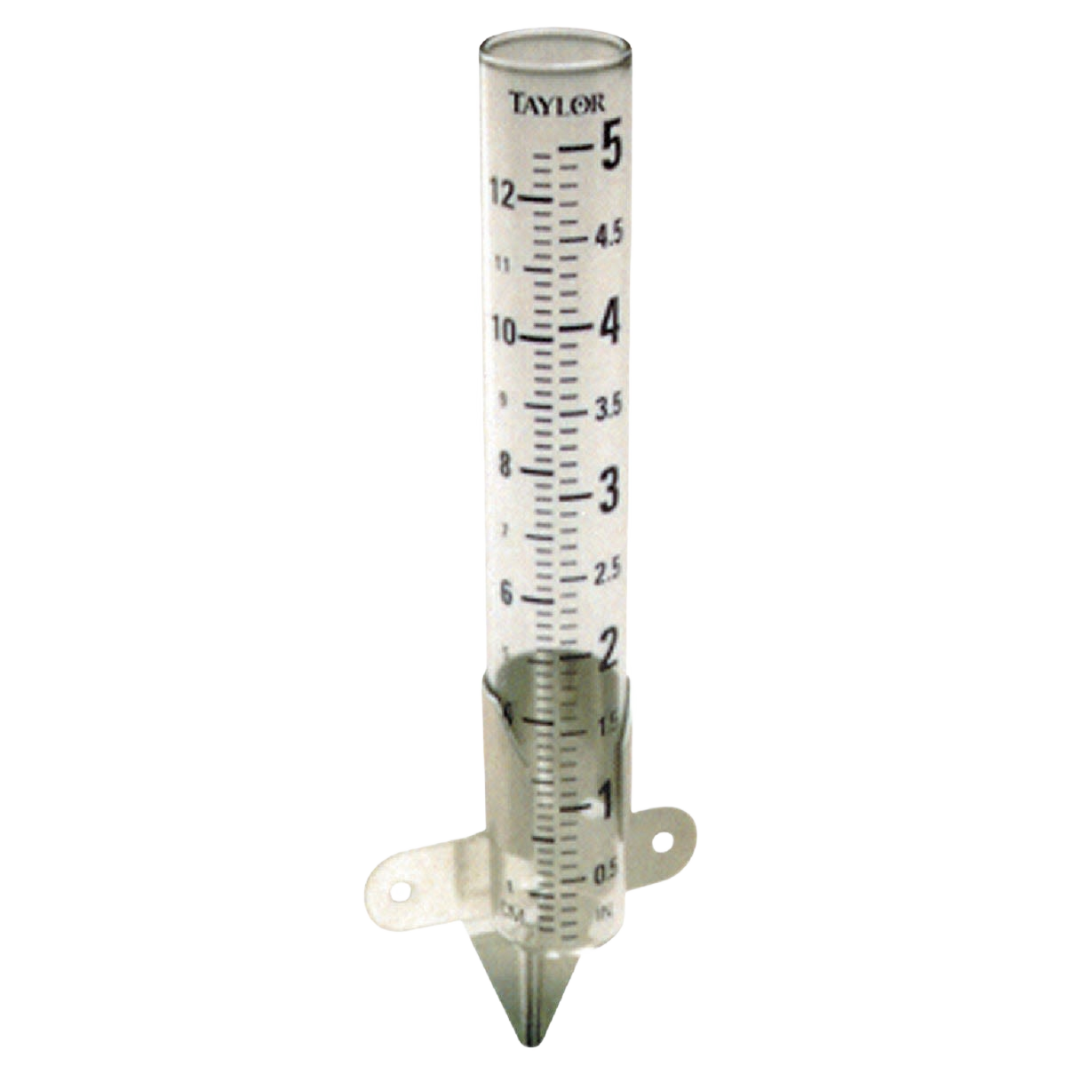 Clear glass rain gauge with black measurement markings and metal spike for outdoor home use and weather tracking