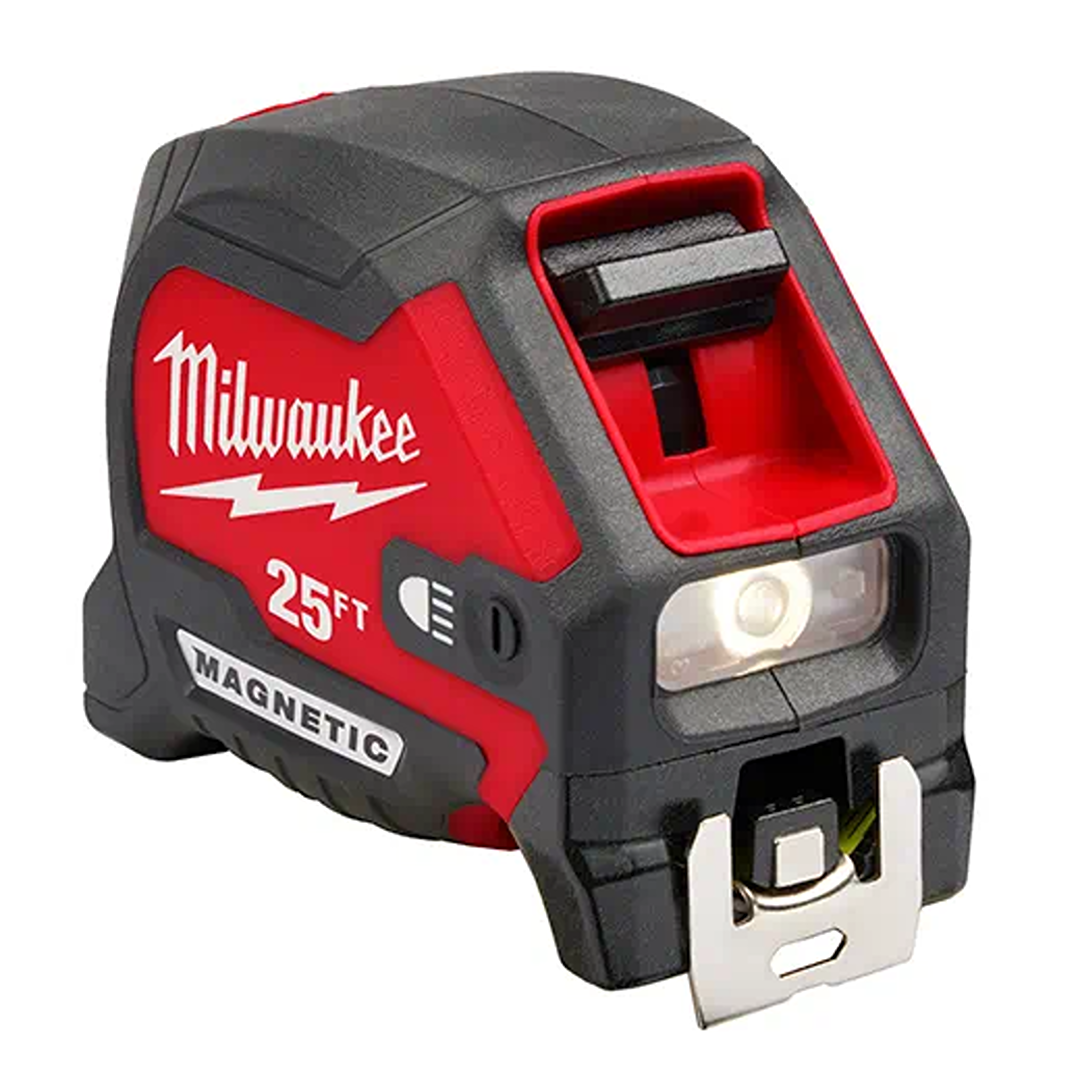 Compact red and black magnetic 25-foot tape measure with built-in LED light for measuring tools and home improvement tasks