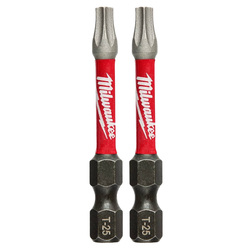 Two red-shaft T25 TORX impact duty drill bits with Wear Guard Tip for power tool accessories and home improvement tasks