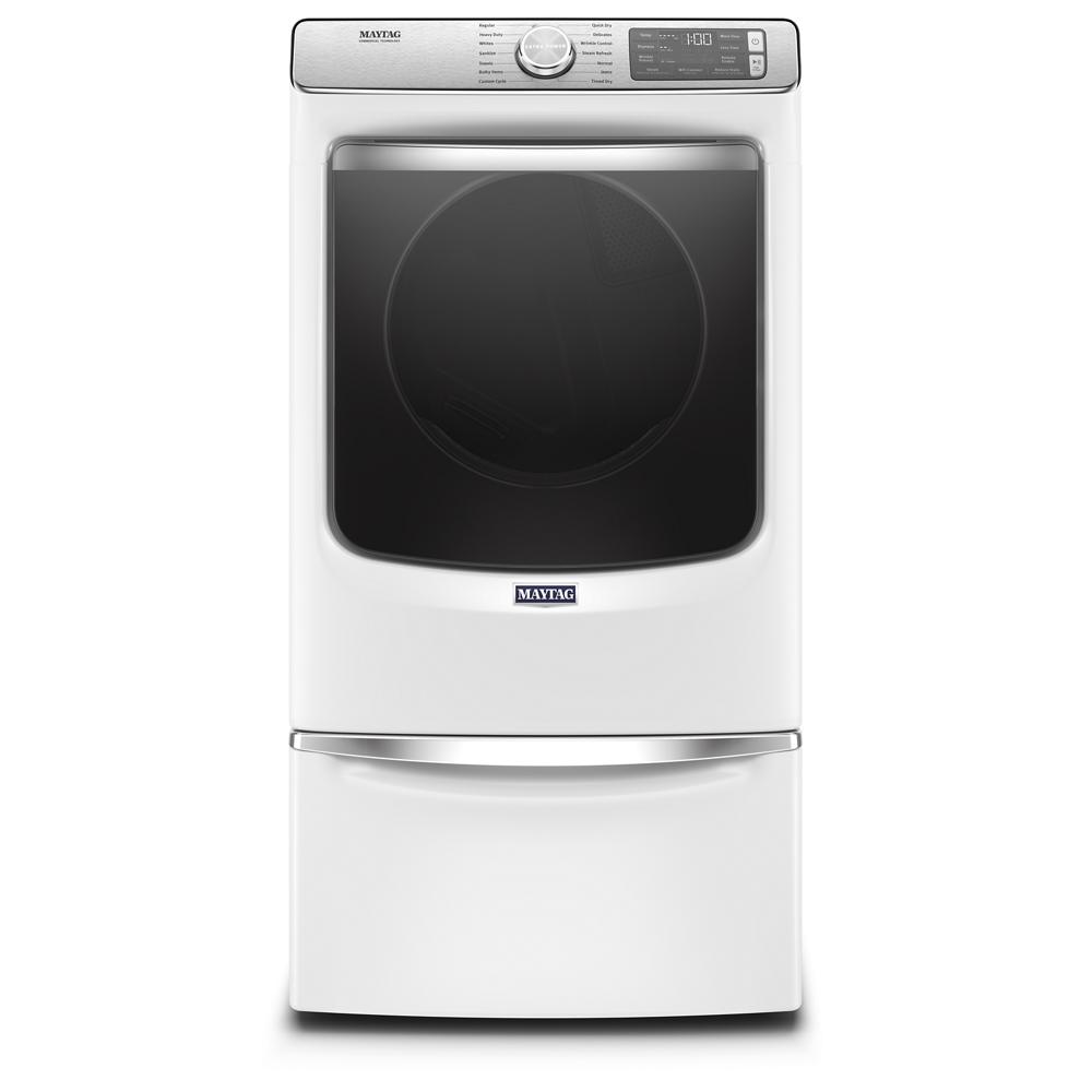 White Maytag front load electric dryer with large tinted door and digital control panel for home appliances use