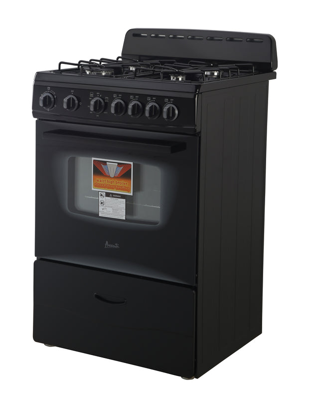 Black 24-inch gas range with six control knobs and oven window from Ranges and Gas Ranges collections