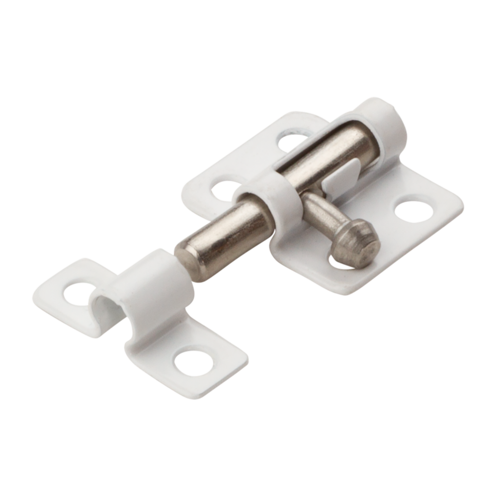 White 2-inch cellar window barrel bolt with cold rolled steel construction for door and gate hardware projects