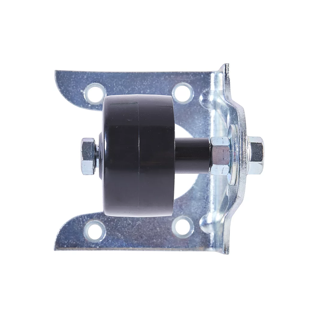 Zinc-plated steel barn door roller with embossed frame and black Derlin wheel in barn door hardware collection under $50
