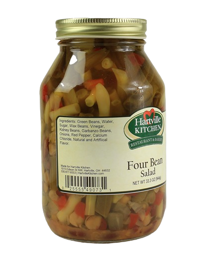 Glass jar containing Hartville Kitchen Four Bean Salad with mixed beans, onions, and red peppers under $50 collection
