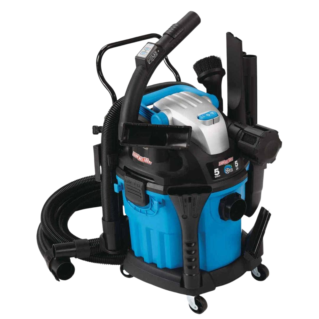 Blue and black 5-gallon wet/dry vacuum with wall-mountable design and hose attachments for tools and home improvement tasks