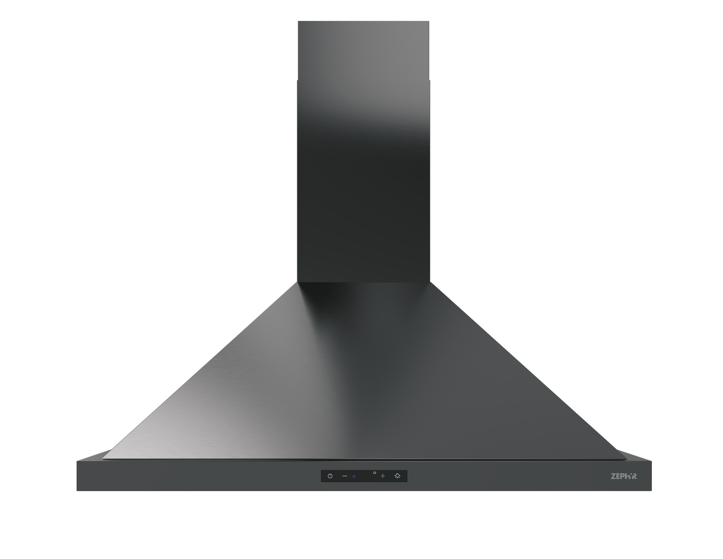 Front view of sleek black chimney hood with LED controls in range hoods and kitchen appliances collections