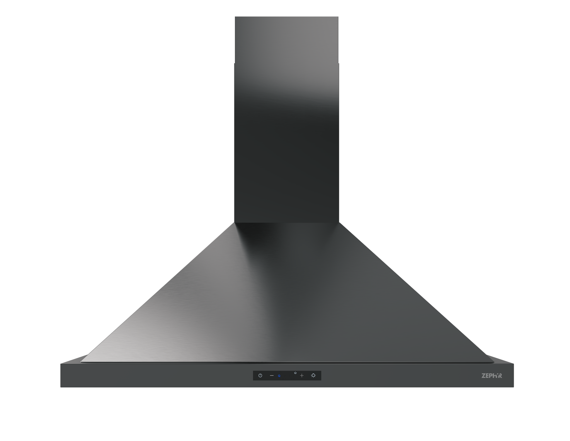 Front view of sleek black chimney hood with LED controls in range hoods and kitchen appliances collections