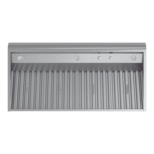 Top view of Broan stainless steel canopy range hood with baffle filters and built-in lighting from kitchen appliances collection