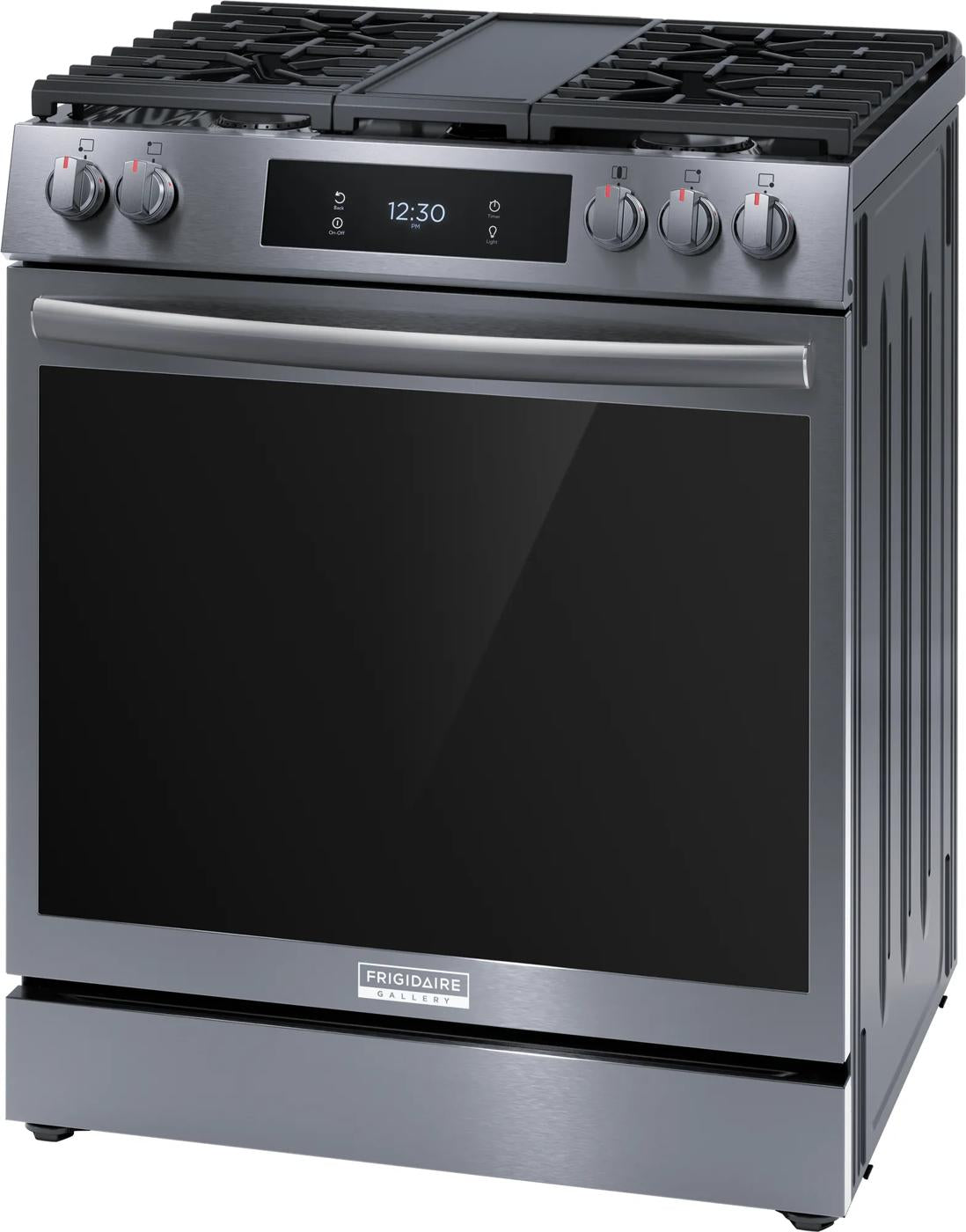 Stainless steel front control gas range with total convection, digital display, and five burners for modern kitchens