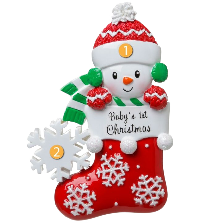 Baby snowman wearing red winter hat and green scarf, holding a red stocking with white snowflakes decoration