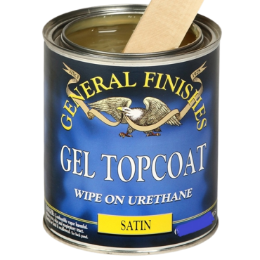 Open can of General Finishes satin gel topcoat urethane with stirring stick for woodworking and home improvement projects