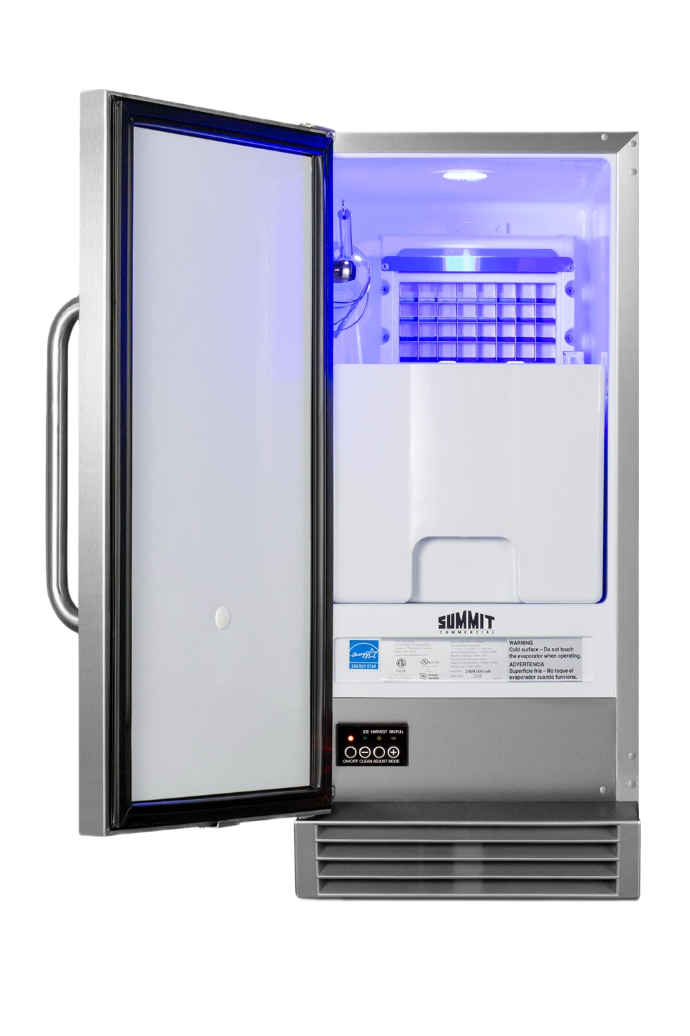 Open built-in clear icemaker with stainless steel exterior, right-hand door, blue interior light, and front ventilation grille, part of Refrigerators, Kitchen & Kitchenware, All Products, Appliances collections.