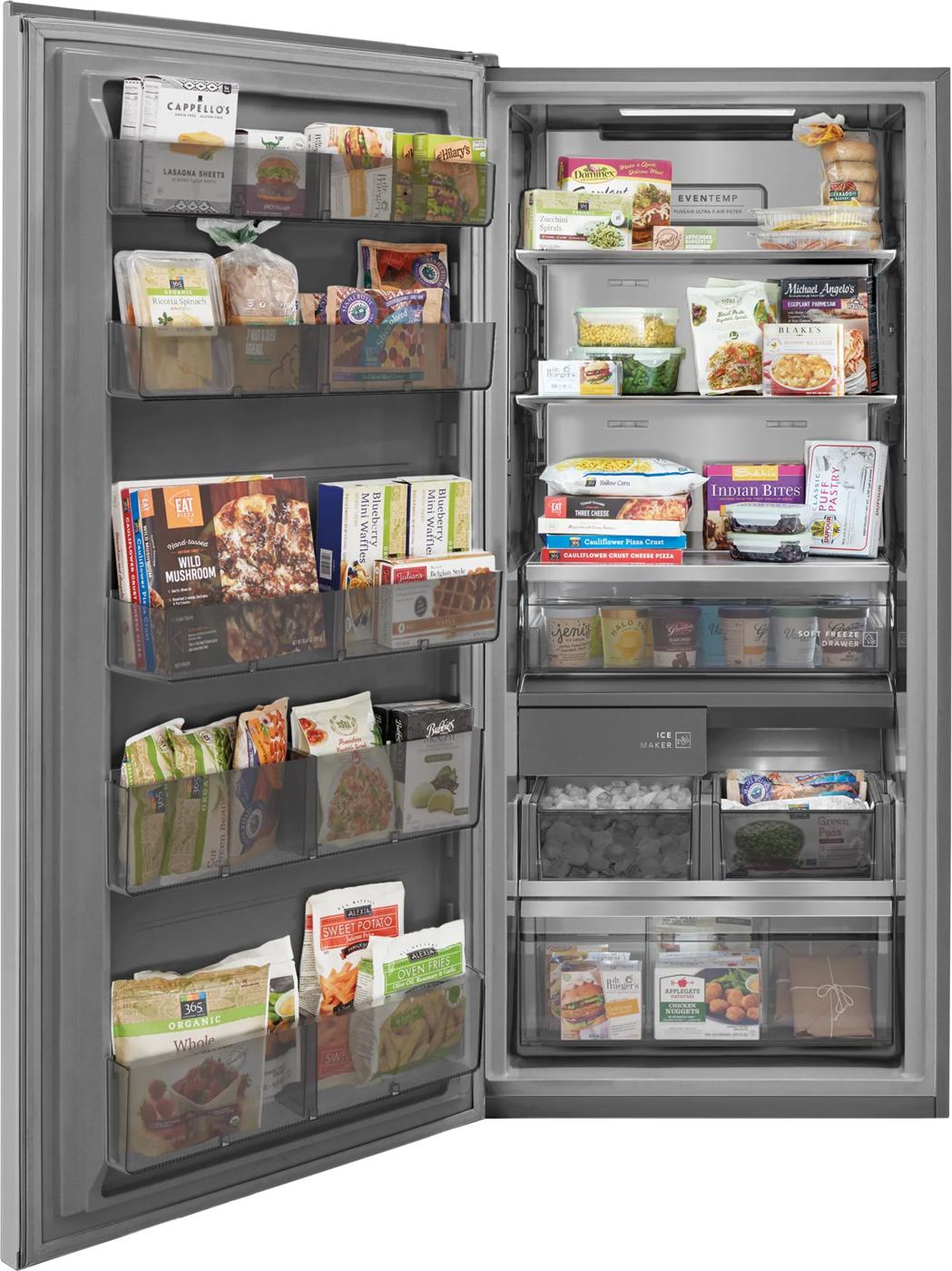 Interior view of smudge-proof stainless steel freezer fully stocked with frozen food from freezers and ice makers collection