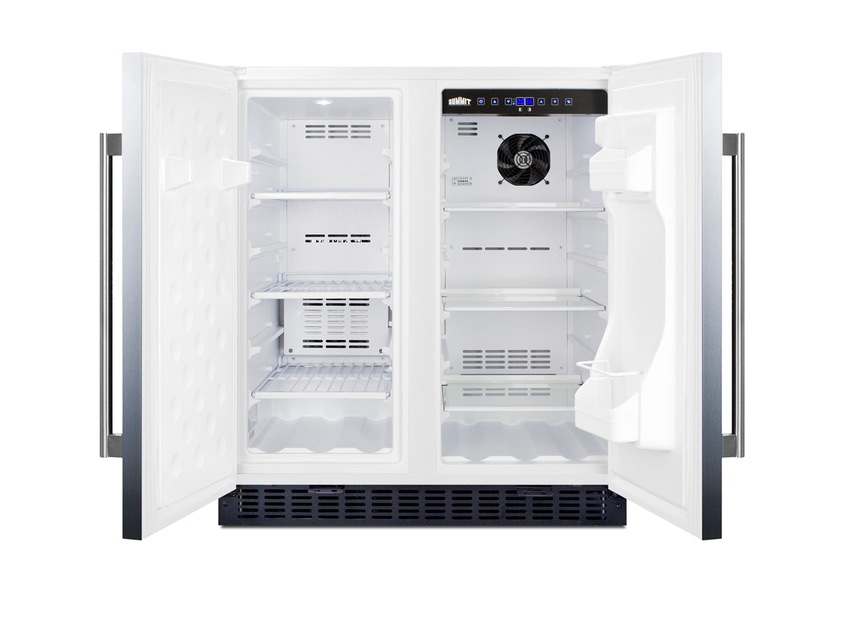 Open 30-inch wide built-in side-by-side refrigerator-freezer with empty interior and stainless steel handles in appliances category