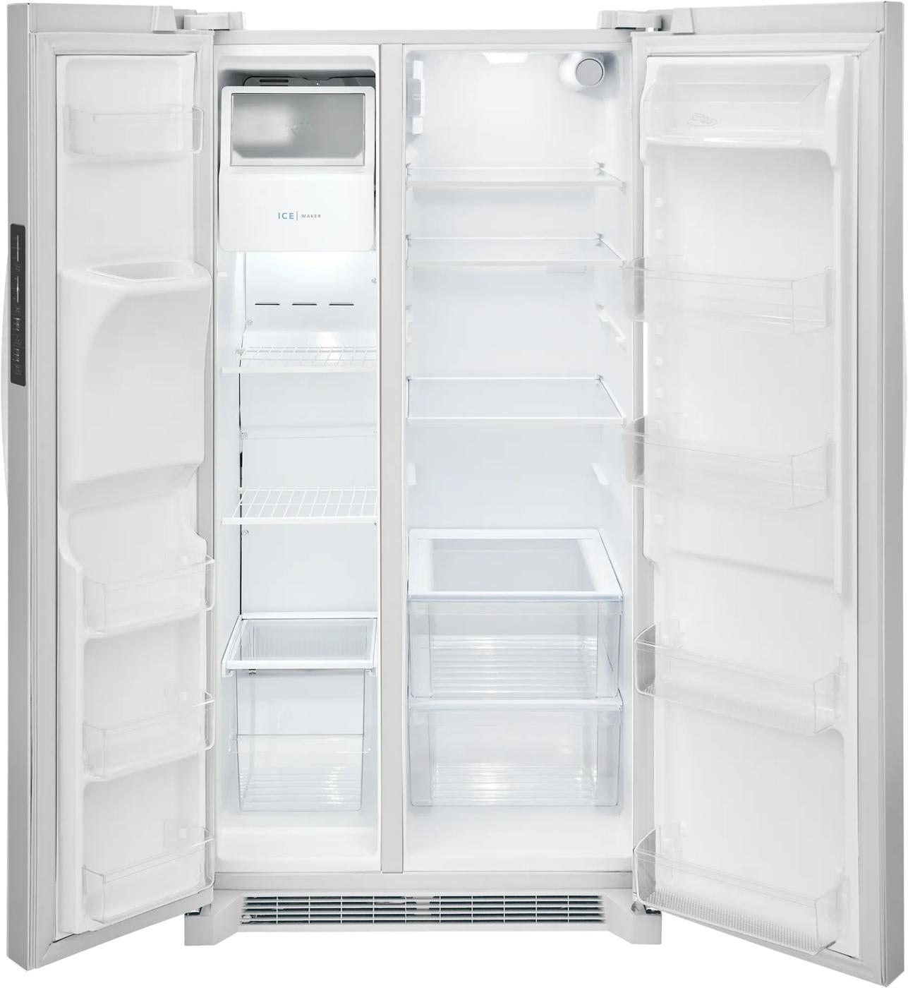 26 Cu. Ft. side-by-side refrigerator with spacious, well-organized compartments for kitchen appliances and home improvement.