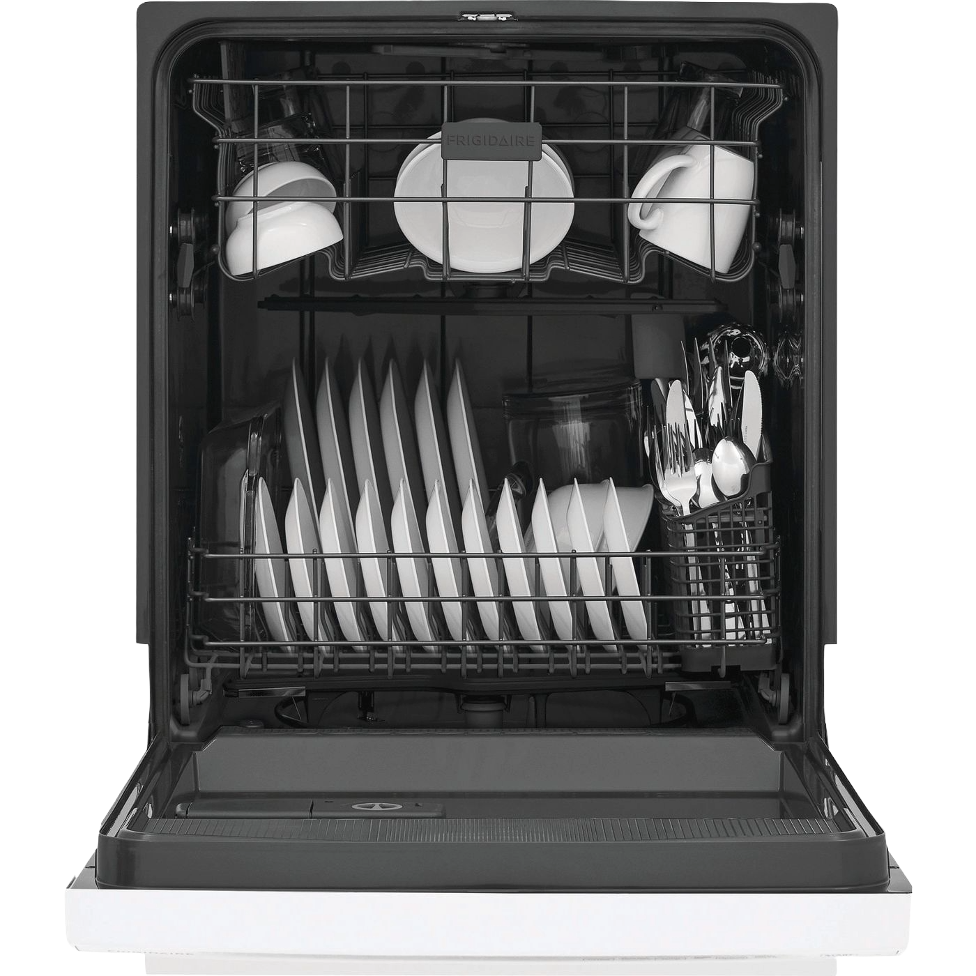 Open white 24-inch built-in dishwasher loaded with clean dishes, cups, and silverware in kitchen setting