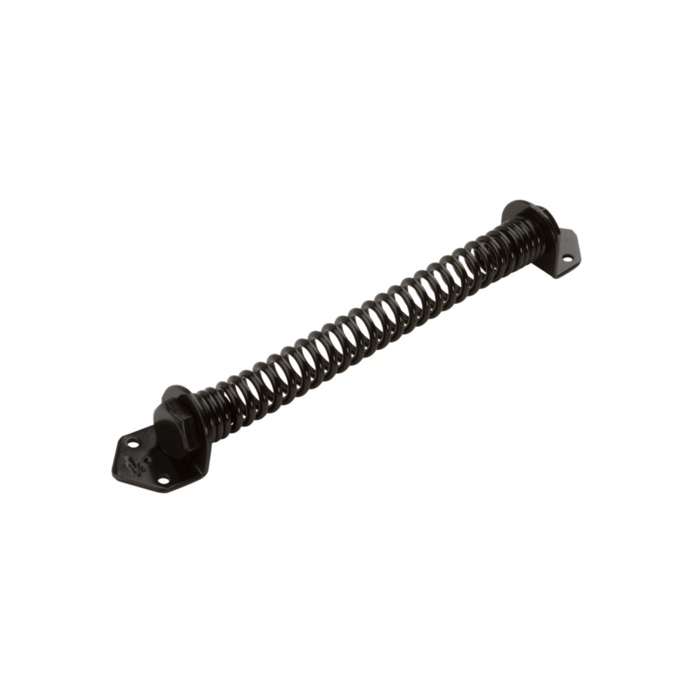 Black cold rolled steel gate spring with mounting brackets for automatic door closing in gate hardware and home improvement tools