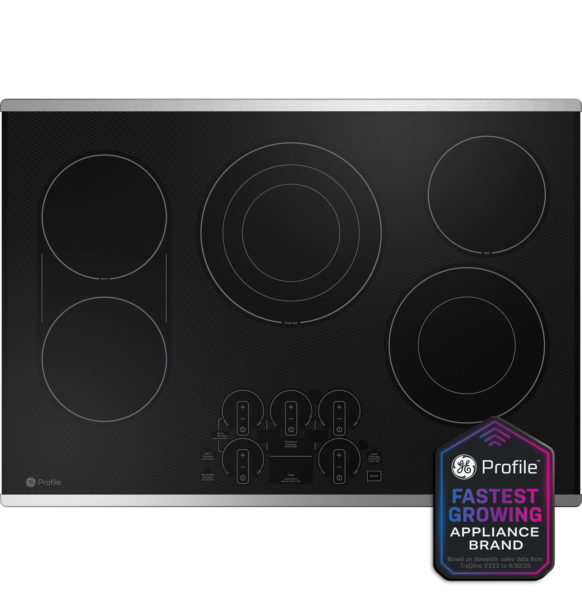 Black glass touch control electric cooktop with five heating elements and stainless steel trim from electric cooktops collection