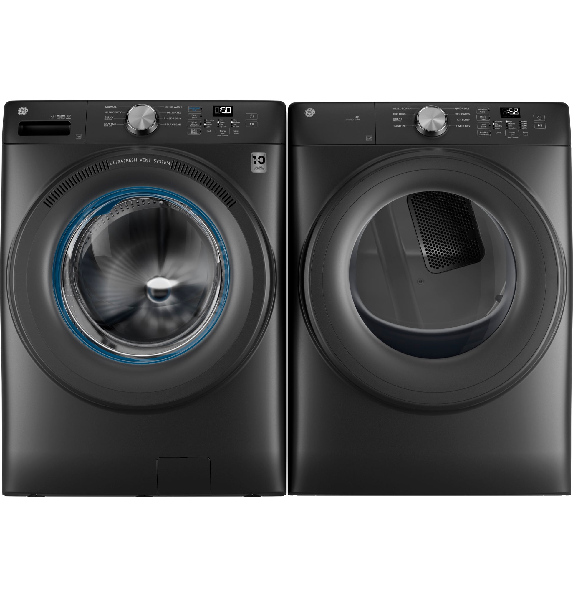Black smart front load washer and electric dryer set with digital controls, part of Dryers and Washers & Dryers appliances collection for home improvement